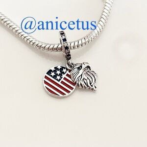 NWOT S925 Sterling Silver Eagle & USA America Flag Dangle Charm